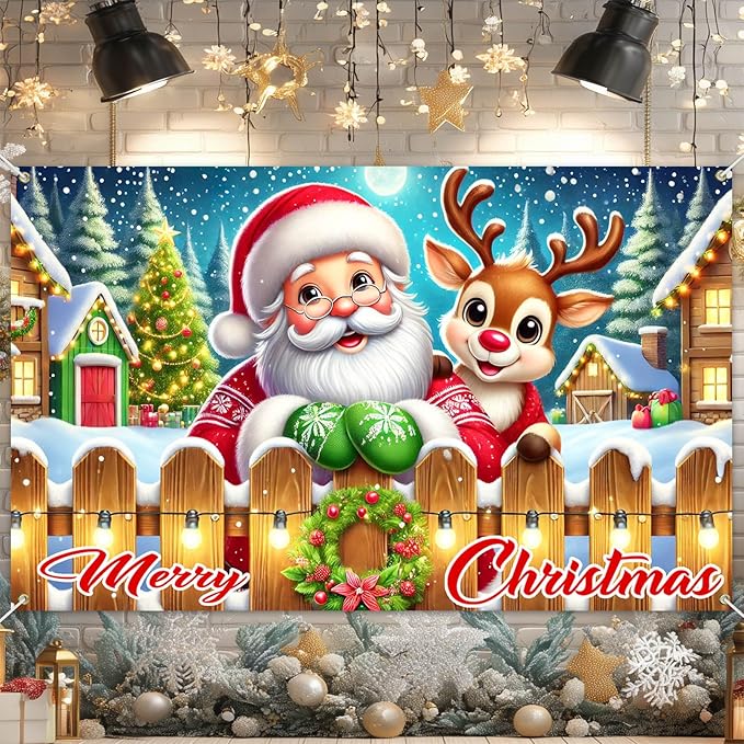 Merry Christmas Santa Reindeer Banner 71x43 Inches Merry Christmas Tree Scene Banner Holiday Photography Background Indoor Outdoor Seasonal Party Wall Decoration Winter Backdrop