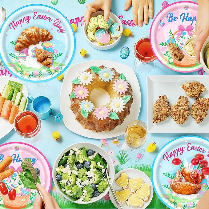 Easter Party Decorations Set, Bunny Easter Party Supplies with Banner, Plates, Napkins, Tablecloth, Cups and Forks, Pastel Easter Egg Theme Tableware Kit for 24 Guests