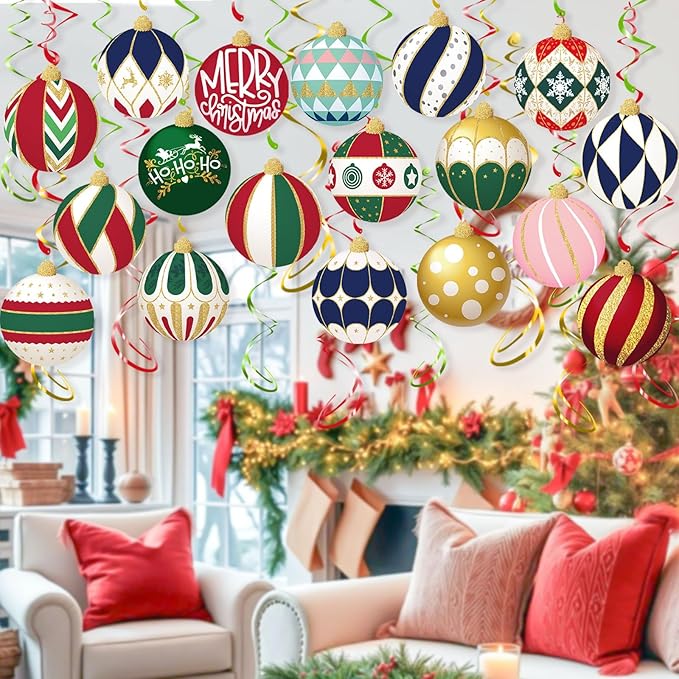 Christmas Ball Hanging Swirl, 48Pcs Merry Christmas Ball Foil Swirls Ceiling Streamers Hanging Decorations for Xmas Indoor Outdoor Party Supplies﻿