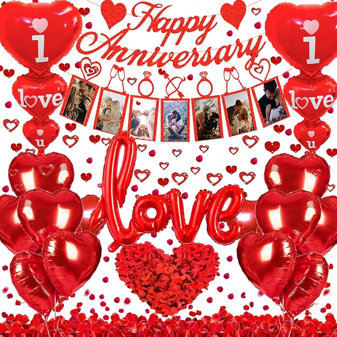 Happy Anniversary Decorations Set - Happy Anniversary Banner and Balloons, Photo Banner, I Love You and Red Heart Balloons with Rose Petals for Weddings, Valentine's Day and Anniversaries