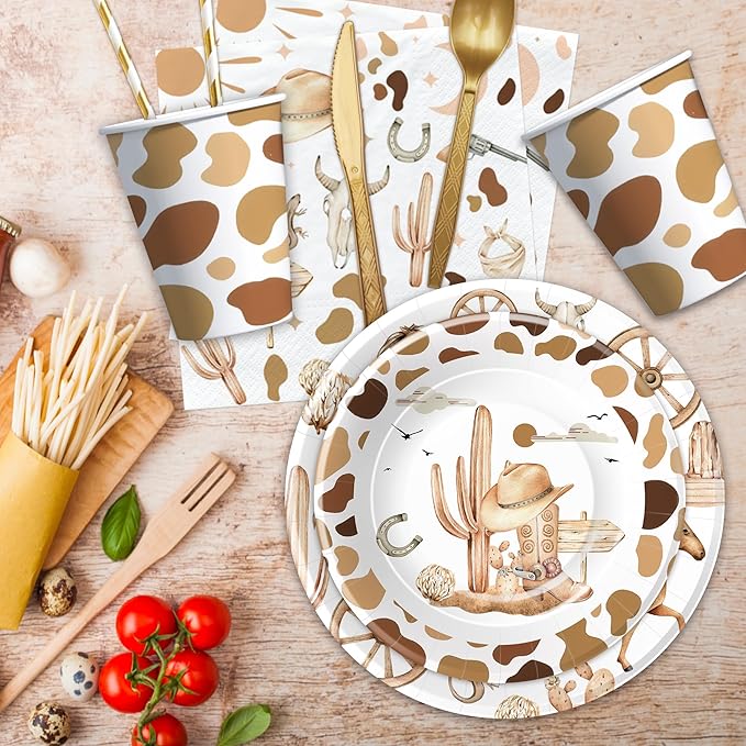 APOWBLS Western Cowboy Party Decorations Dinnerware - Wild West Party Supplies, Paper Plate, Cup, Napkin, Fork, Western Cowboy Rodeo Theme Birthday Baby Shower Decorations Tableware | Serve 24 Guests