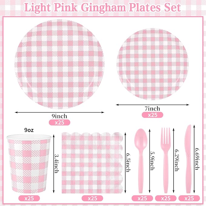 175 Pcs Gingham Paper Plates, Pink Gingham Party Supplies Include Pink Plates and Napkins Cups Disposable Checkered Dinnerware Set for Picnic, Baby Shower, Wedding