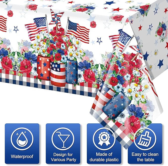 6 Pack 4th of July Tablecloth Decorations, Vase Flower Patriotic Plastic Table Cover, Red White and Blue Decorations with Star Stripe Sign for Patriotic Independence Veterans Memorial Day, 54x108 Inch