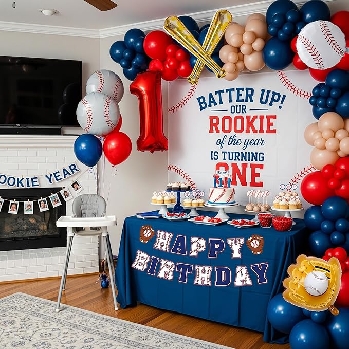 Baseball Birthday Party Decorations Navy Blue Red Nude Balloon Arch With Baseball Bat & Glove Balloons and Happy Birthday Banner For Sports Rookie year 1st birthday Baby Shower Supplies Decoration