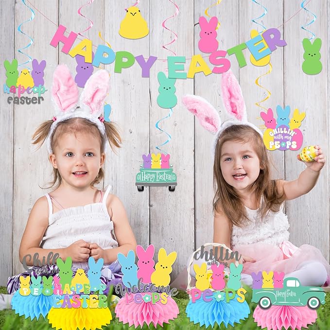 Easter Party Decorations, Easter Decorations Includes Happy Easter Banner Hanging Swirls Easter Party Supplies Honeycomb Centerpieces, Easter Bunny Decorations for Office Home Classroom Spring Party