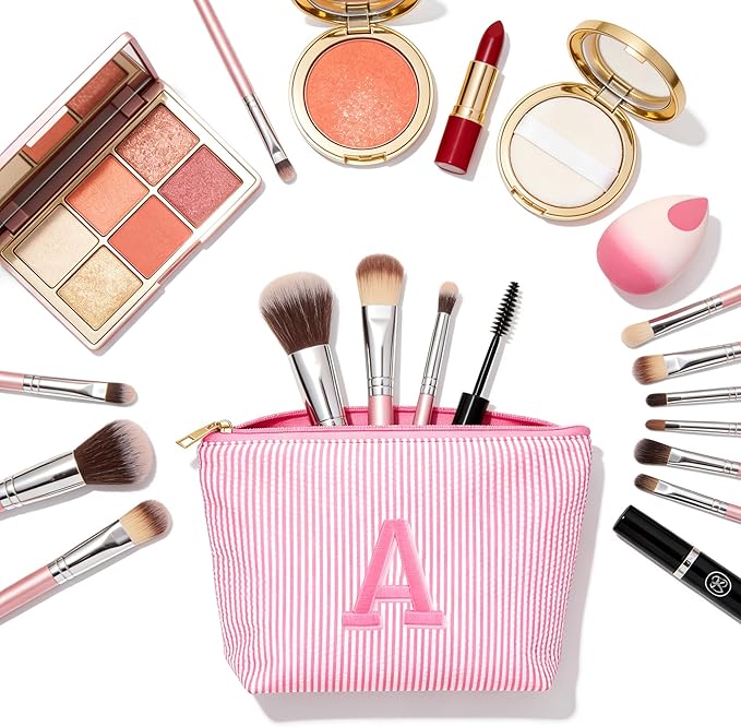 Travel Toiletry and Makeup Bag - Travel Essentials for Women, Blue Initial Makeup Bags for Hair Ties, Clips, Brushes, Sponges, Lipsticks, Blush, Eyelash Curler, Easy to Carry, Blue Letter L
