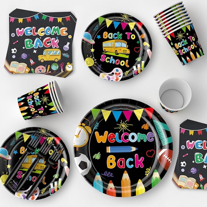 122 PCS Back to School Party Supplies, Disposable Tableware Set Include Back to School Plates and Napkins, Cups, Forks, Banner and Tablecloth for First Day of School Party Decorations , Serve 24