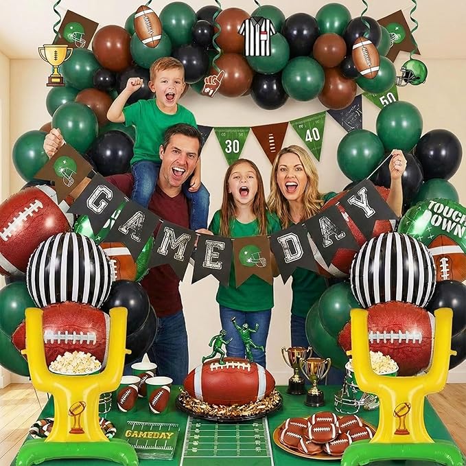 Football Balloons dark green brown black Balloons with Banner Hanging Swirl Goal Post Football Balloons for Sports Birthday Boys first year touch down party decorations