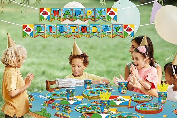 122Pcs Disposable Tableware Fits for Super Bros Party Supplies Table Decoration Kit for 20-Guests Includes Banner, Tableloth, Plates, Cups, Napkins, Forks and Knives