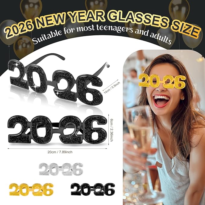 2026 Plastic Glasses Happy New Year Glitter Eyeglasses for 2026 Party New Year Eve Costume Photo Prop Supplies