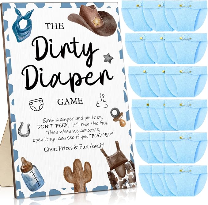 Roowest 51 Pcs Dirty Diaper Baby Shower Games Funny Wooden Sign with 50 Pcs Mini Diapers Cute Felt for Gender Reveal Party Baby Shower (Blue Cowboy)
