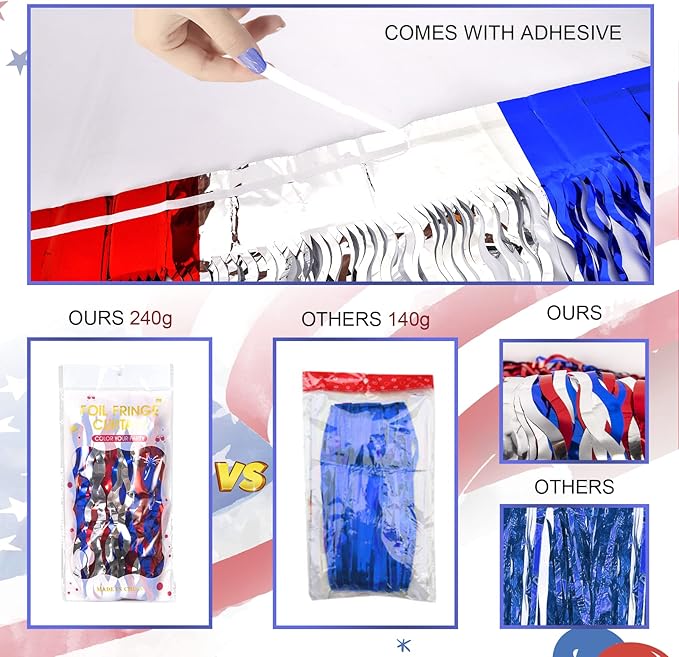 LOLStar 4th of July Decorations, 5 Pack Red White Blue Wavy Tinsel Foil Fringe Curtains, Memorial Day Photo Booth Prop Streamer Backdrop for Patriotic America Party, Independence Labor Day Decoration