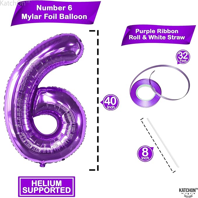 KatchOn, Giant Purple Number 6 Balloon - 40 Inch | 6th Birthday Balloon for 6th Birthday Decorations | 6 Balloons for Birthday | 6 Year Old Decorations | Decoration Supplies Anniversary