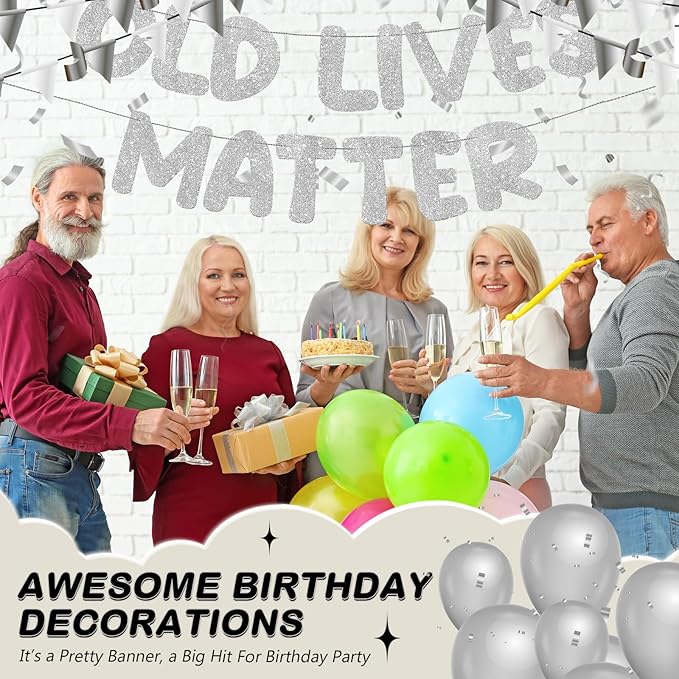 Fulmoon Pre Strung Banner 6.56 ft Funny Birthday Retirement Party Decorations 80th 70th 60th 50th Retirement Party Garland Bunting Decorations for Men Women(Glitter Silver)
