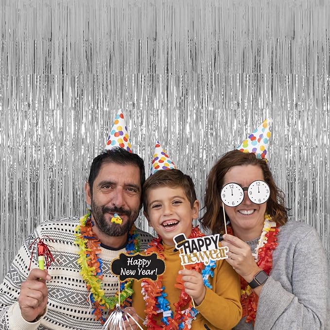 Silver Tinsel Fringe Backdrop Curtains for Parties, Melsan 3.2 x 8 ft Foil Streamer Disco Party Decorations Photo Booth for Birthday, Engagement, Pack of 2