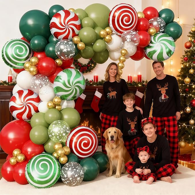 Christmas Balloon Arch Garland Kit, 127Pcs Dark Sage Green and Red White Xmas Balloon with Star Print & Candy Cane Foil Balloons for Merry Christmas Holiday Woodland Winter New Year Party Decorations