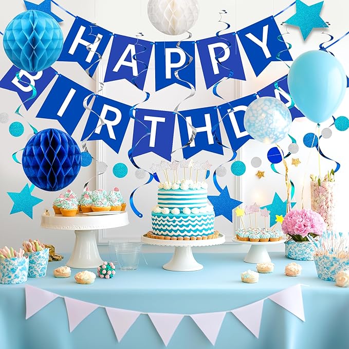 Happy Birthday Decorations Happy Banner with Honeycomb Balls, Swirls Set Happy Decorations Sign for Men Women Boys Girls Birthday Party Supplies Kit for Indoor Outdoor