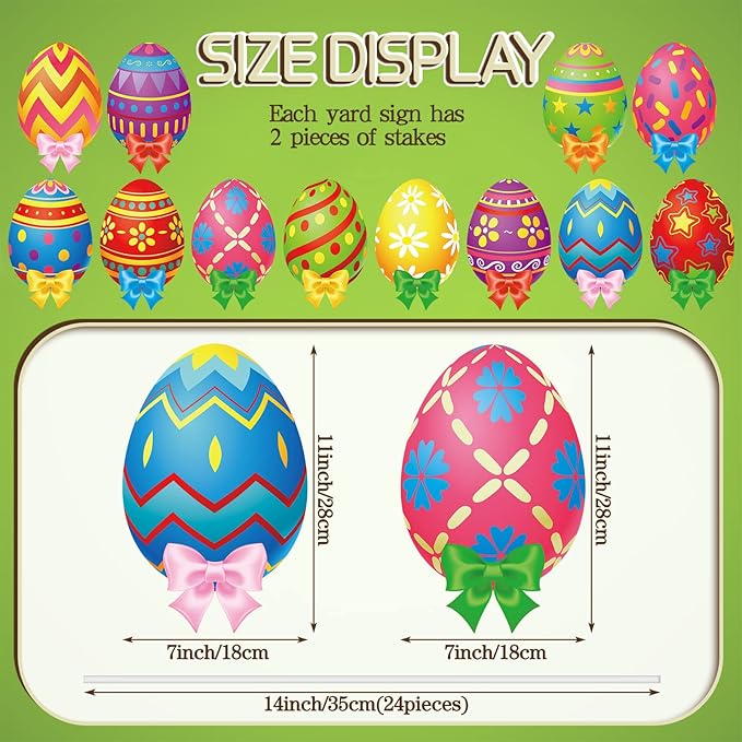 Amyhill 12 Pcs Easter Outdoor Yard Decoration Eggs Garden Lawn Stake Signs with Stakes and Bow Waterproof Corrugated Easter Outdoor Decoration for Patio Lawn Walkway Spring Party Decorations, 12 Style