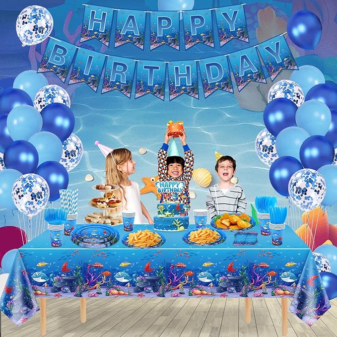 223 Pack Under the Sea Party Supplies Ocean Sea Party Tableware Set Plates Cups Napkins Tablecloth Banner Balloons Cake Toppers for Underwater World Birthday Ocean Animal Party Decorations Serves 20