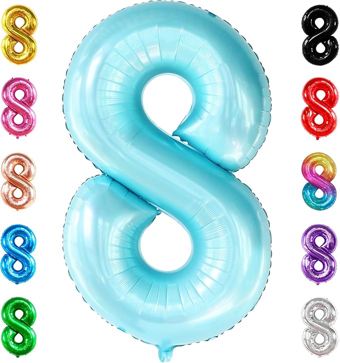 KatchOn, Giant Light Blue Number 8 Balloon - 40 Inch | 8th Birthday Balloons for 8th Birthday Decorations for Girls | Light Blue 8 Balloon | 8 Balloons for Birthday Girl | Light Blue Eight Balloon