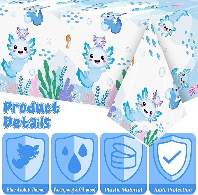 Axolotl Plastic Party Tablecovers - 3 Pack Blue Cartoon Axolotl Table Cover Decorations Disposable Waterproof Rectangle Plastic Tablecloths Rectangle Kids Birthday Baby Shower Camping Events