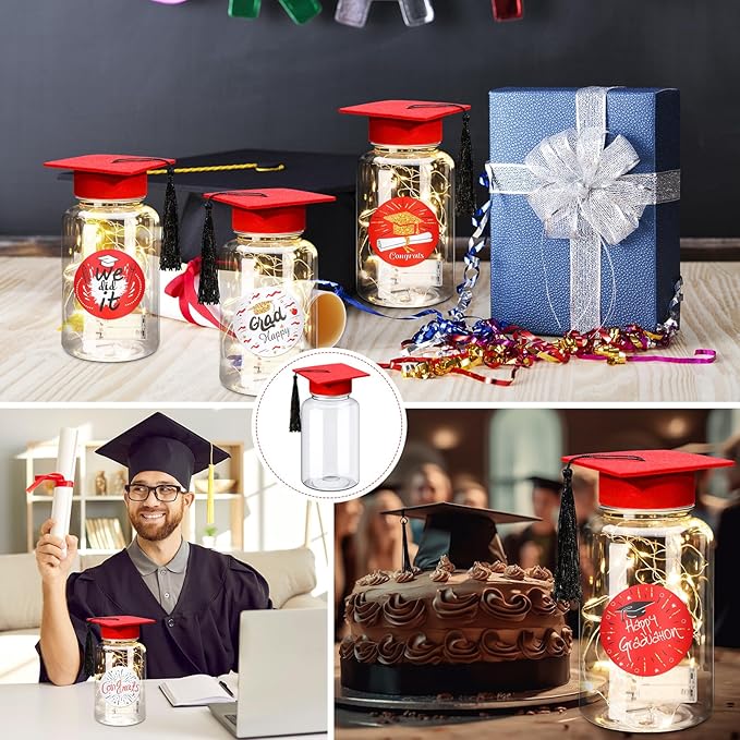Boao 16 Sets Graduation Table Decoration Set with LED Light up Graduation Decorations for Class of 2026, Grad Jar, Felt Grad Hat and Stickers for High School College(Red,Vivid)