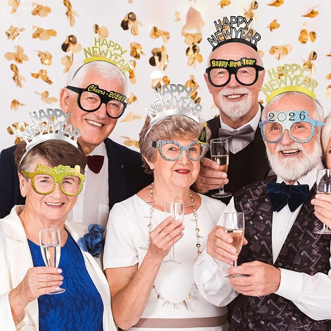 108 Pcs New Years Eve Party Supplies 2026 Fancy New Year Glasses Gold Noise Maker Headband NewYear Celebration Black Silver and Gold Party Favor for Happy NewYear Gift Accessories Decoration