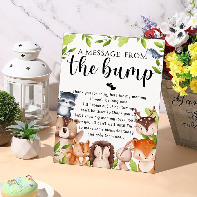 Roowest Cool Baby Shower Tabletop Decoration a Message from the Bump Wooden Baby Shower Games Sign Greenery Cute Gender Reveal Party Thank You Sign, 11.2 x 8.66 Inches(Woodland)