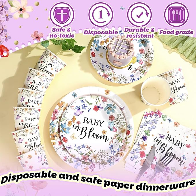 Hsei 250 Pcs Baby in Bloom Baby Shower Decorations Wildflower Plates and Napkins Set Floral Party Tableware Set for 50 Guests Floral Disposable Plates Napkins Cups for Birthday Party Supplies