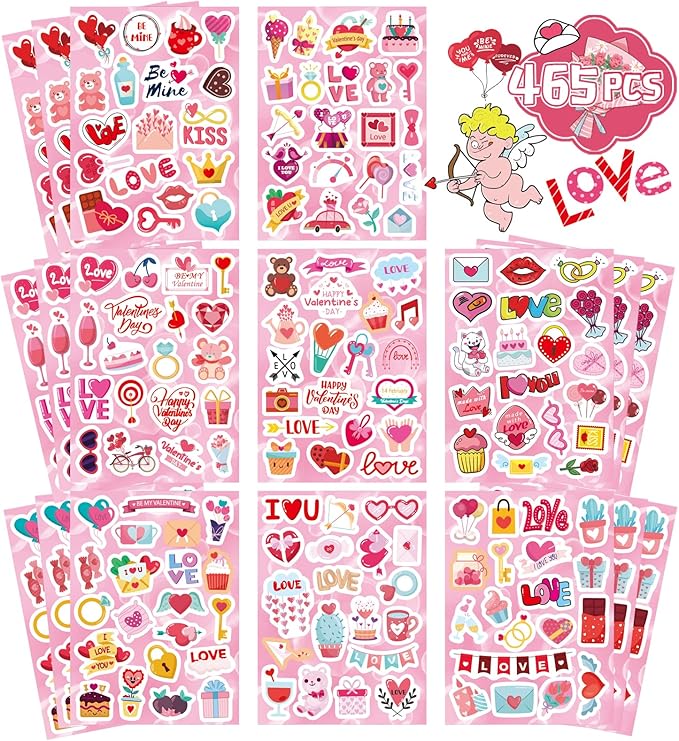 DUJAA 465PCS Valentine Stickers - Valentines Stickers for Kids Love Stickers Kawaii Heart Stickers Valentine's Day Theme Stickers Party Favors Gifts Decorations Supplies