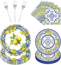 Rakuto Lemon Party Plates Supplies - 96PCS Lemon Party Decorations Supplies Tiles Yellow Lemon Party Paper Plates Napkins Fork Tableware Summer Fruit Lemon Decor Disposable Party Dinnerware(24 Guests)