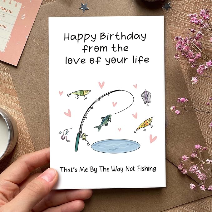 Fishing Birthday Card for Man Woman, Funny Birthday Card for Fisherman Angler, Fish Bday Gift for Husband Dad