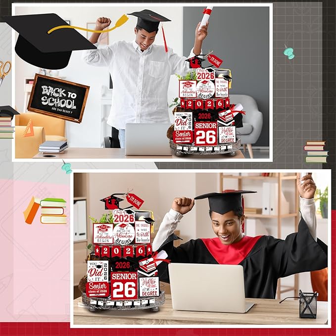 22 Pcs 2026 Graduation Tiered Tray Decor Sets Wooden Graduation Class of 2026 Table Decorations Senior 2026 Gown Diploma Farmhouse Signs for Home Shelf Party Office Desk(Red)
