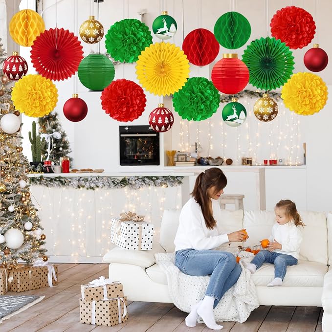 22pcs Christmas Party Decorations Indoor – Red Green Gold Paper Fans, Hanging Lanterns, Honeycombs, Pom Poms, Xmas Ball-Shaped Cards for Holiday, Office Decor