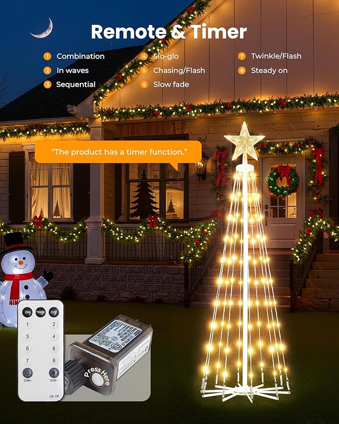 LED Christmas Cone Tree Light with Remote, 4 Feet 110 LED Outdoor Lightshow Christmas Tree with Star Topper, Dimmable Artificial Christmas Tree for Porch Yard Patio Indoor Decorations, Warm White