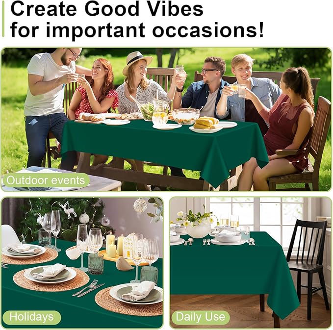 QIKSION Dark Green Plastic Table Cloth Disposable 3 Pack, 54 x 108 Inch Tablecloths for Party, Christmas Decorations, Rectangle Table Cover