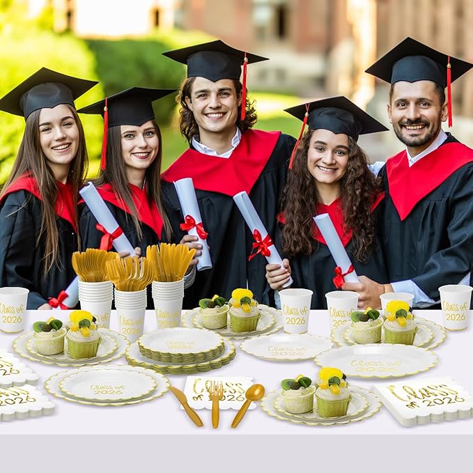 Class of 2026 Graduation Party Supplies, 175 Pcs Congrats Grad Paper Plates Napkins and Cups Cutlery Disposable Tableware Set for College High School Congrats Decorations, Serves 25 (Gold)