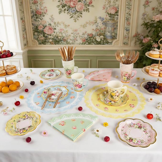 140PCS Spring Tea Party Decorations, Floral Paper Tea Cups & Saucer Set, Disposable Floral Cups With Handle Napkins Plates Knives Forks for Girls Kids Afternoon Tea Birthday, Wedding Party Supplies