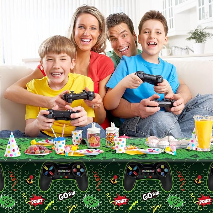 Tatuo 3 Pcs Video Game Table Cover, Game Theme Birthday Decoration Plastic Table Cloth Party Supplies for Boys Girls Kids Player Geek Party Decorations, 54 x 108 Inch (Green)
