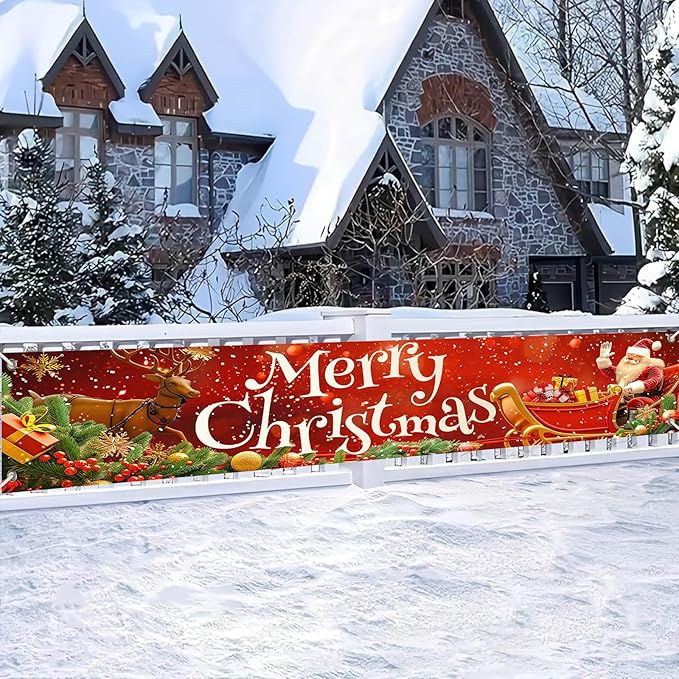 Merry Christmas Decorations Banner Polyester Fabric Santa Sleigh Reindeer Holiday Design Outdoor Porch sign for Indoor Outdoor Garden Fence Party 118x20 Inch Supplies Banners