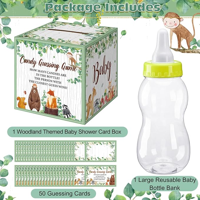 Glenmal 52 Pcs Baby Shower Games Gift Sets Large Baby Bottle for Shower Game Guess How Many Candies Decorations for Gender Reveal(Woodland Animal)