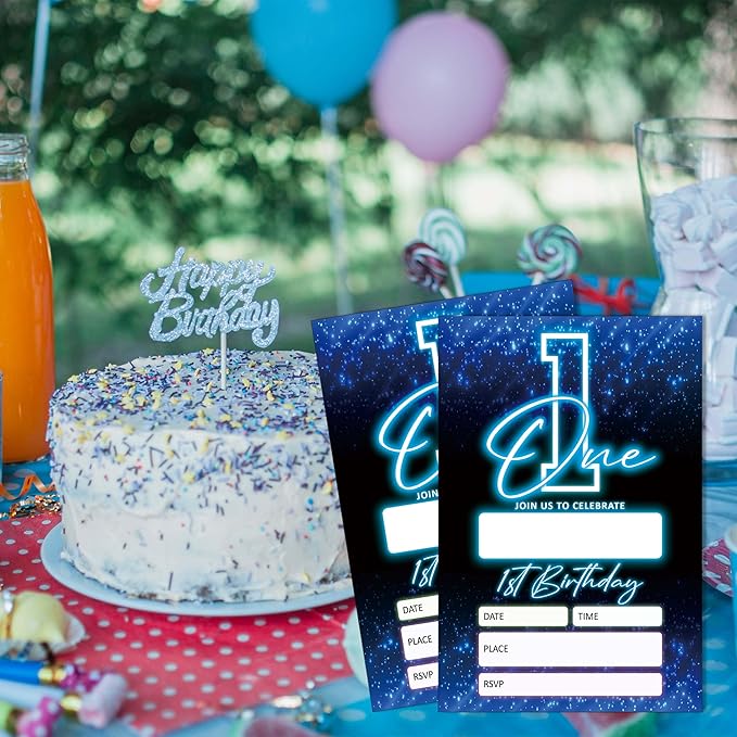 SIXEIGHT Blue 1st Birthday Party Invitations for Kids, Glow Neon 1st Birthday Invitations for Boys Girls, 20 Pack Blue Invites with Envelopes, Glow Neon Party Decorations Supplies, 4"x6"-C01