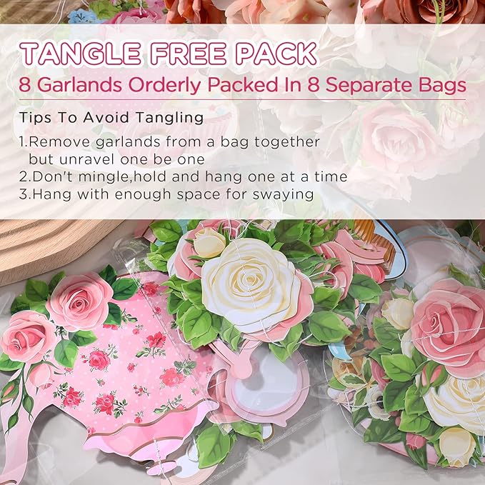 Faccito Floral Tea Party Decorations Double Sided Tea Party Hanging Garland Decor for Baby Shower Gender Reveal Bridal Wedding Favors Girls Women 32", 8 Pack