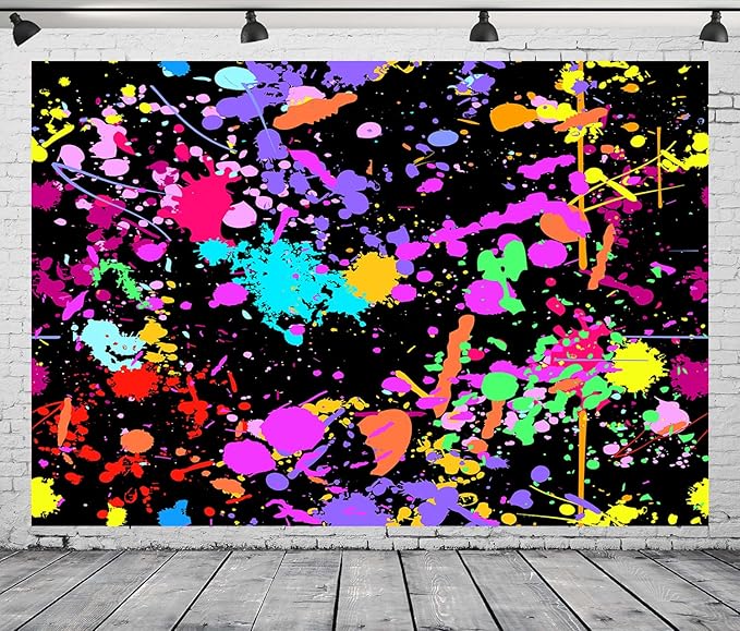 15x8Ft Neno Glow in The Dark Birthday Backdrops Colorful Graffiti Splash Paint Party Background Slime Happy Birthday Black Light Sleppover Party Decorations Birthday Banner