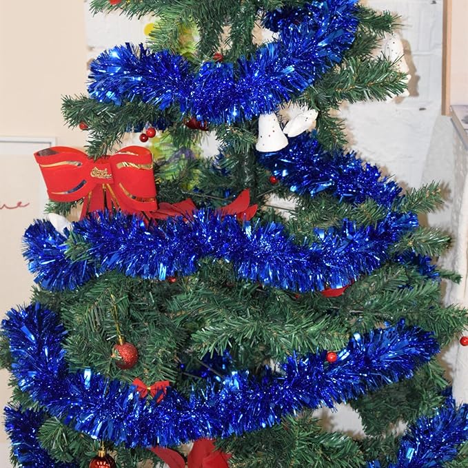 33FT Christmas Tinsel Garland,Blue Shiny Metallic Foil Decorations for Parade Floats, Halloween, Christmas Tree, New Year Parties,Birthday Party,Indoor and Outdoor Disco Party Supplies