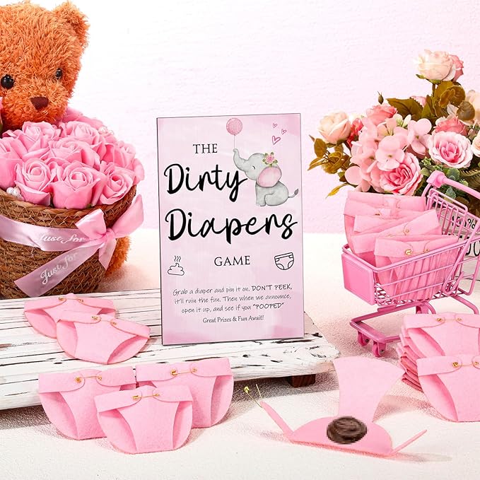 Roowest 51 Pcs Dirty Diaper Baby Shower Games Funny Wooden Sign with 50 Pcs Mini Diapers Cute Felt for Gender Reveal Party Baby Shower(Pink Elephant)