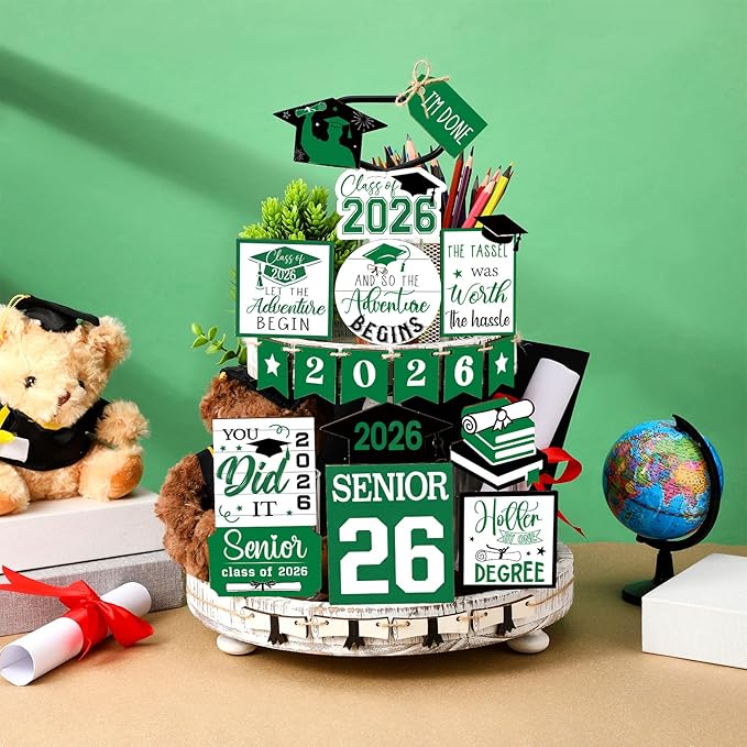 22 Pcs 2026 Graduation Tiered Tray Decor Sets Wooden Graduation Class of 2026 Table Decorations Senior 2026 Gown Diploma Farmhouse Signs for Home Shelf Party Office Desk(Green)