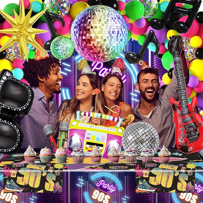 JOGAMS 80s 90s Party Decorations 165Pcs Balloons with Retro Inflatable Guitar Microphone Glasses Music Note Disco Ball Balloons for Back to 90s 80s Hip Hop Rock Theme Birthday Prom Party
