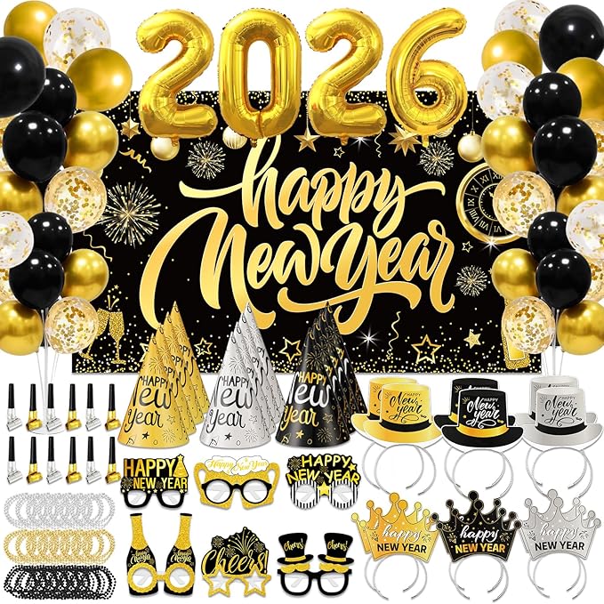 147 Pcs New Year Eve Party Supplies 2026 Black Gold Happy New Year Backdrop Party Decoration Serve 24 Guests Cone Hats Glasses Balloons Number 2026 Headband Tiaras Squawkers Necklace Party Favor