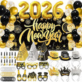 147 Pcs New Year Eve Party Supplies 2026 Black Gold Happy New Year Backdrop Party Decoration Serve 24 Guests Cone Hats Glasses Balloons Number 2026 Headband Tiaras Squawkers Necklace Party Favor